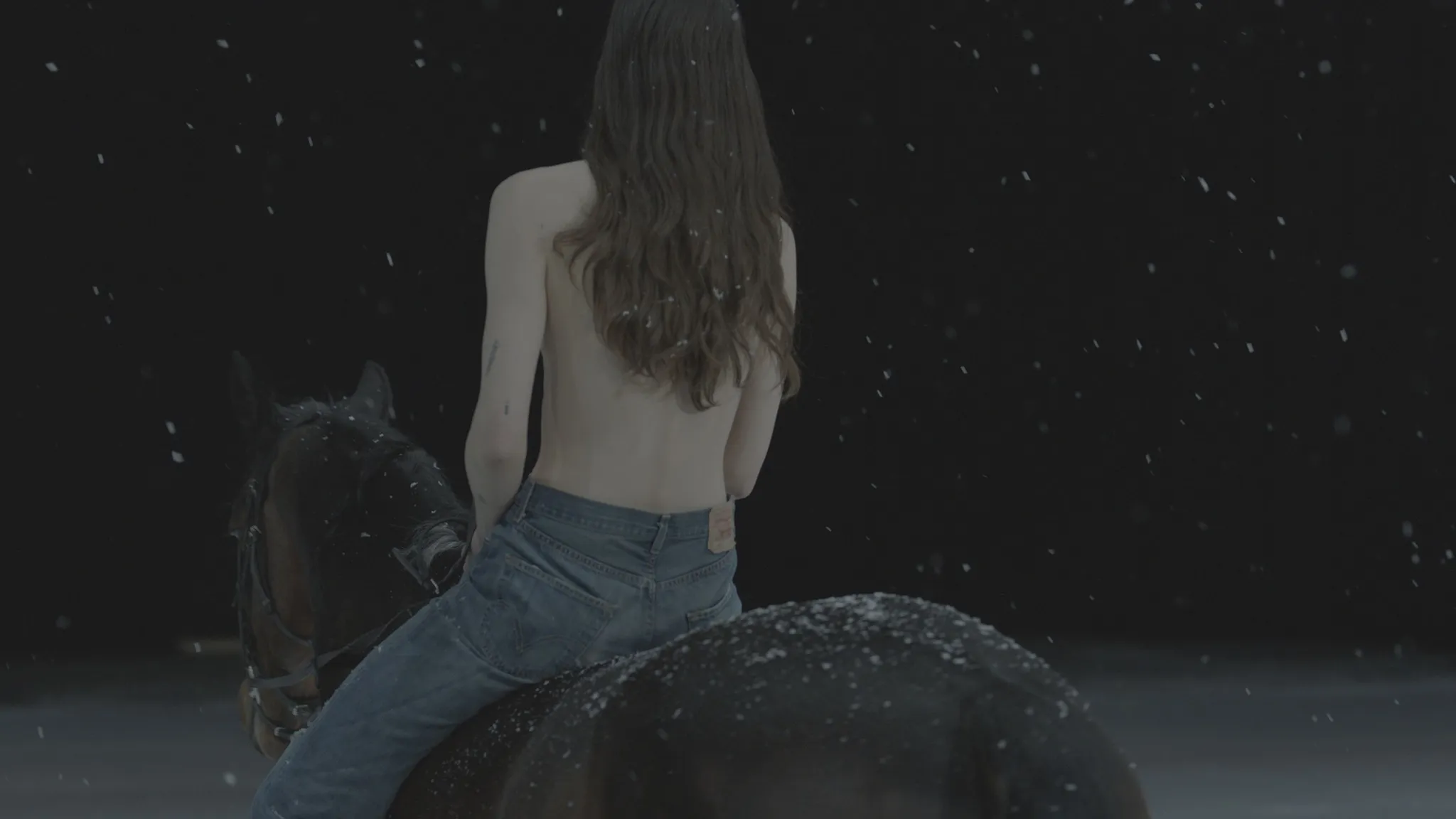 Eliza shirtless on a horse in a snowy landscape, picture taken from behind