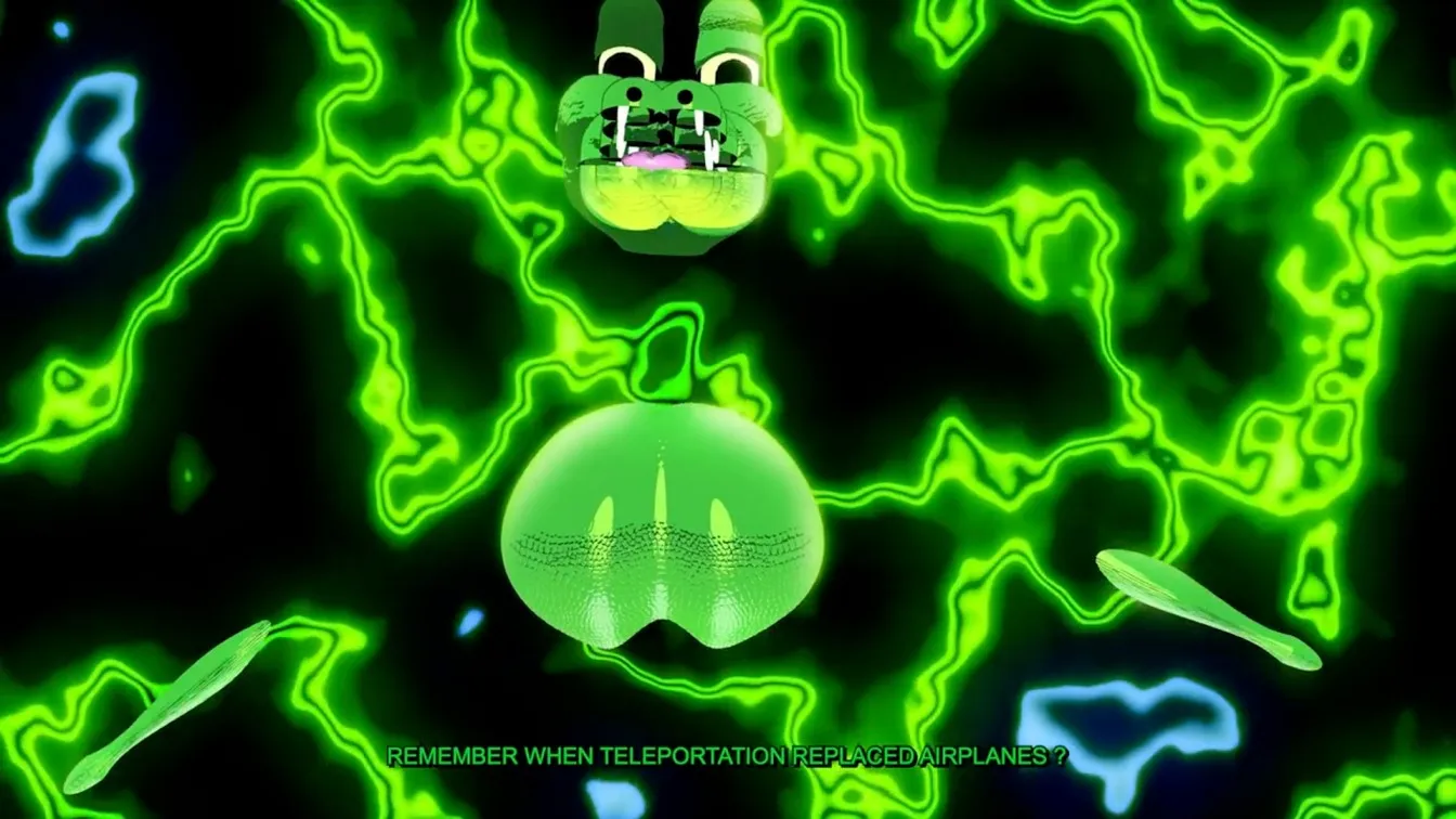 Animated green crocodile submerged in an electric field with the caption ‘Remember when teleportation replaced airplanes?'