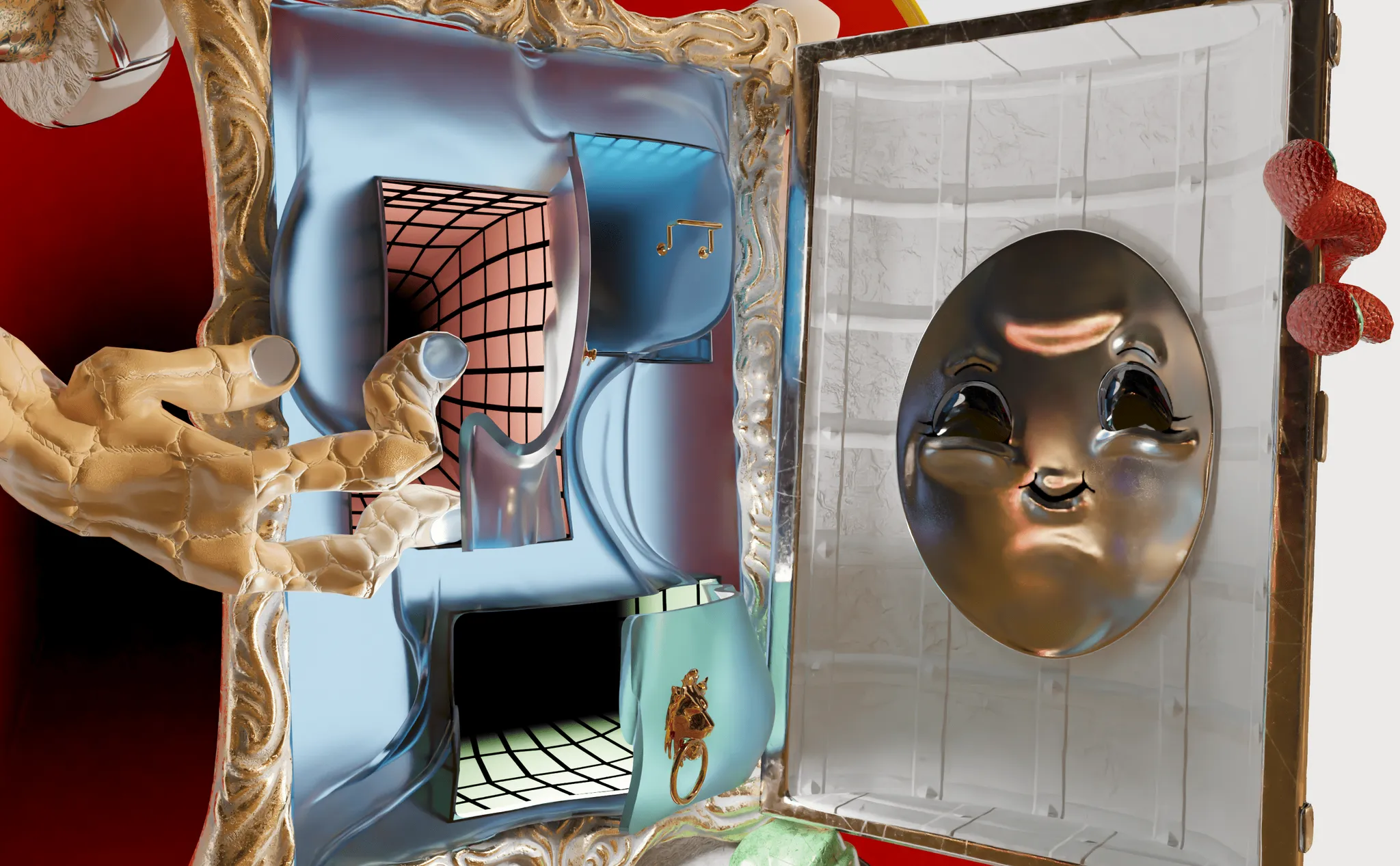 digital figure with a picture frame composing its body opens its chest up like a door, revealing virtual doorways