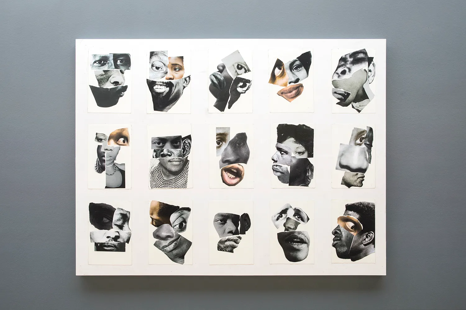 Collages of faces with different parts (eyes, ears, mouth etc), forming a total of 15 black and white portraits, applied on a canvas