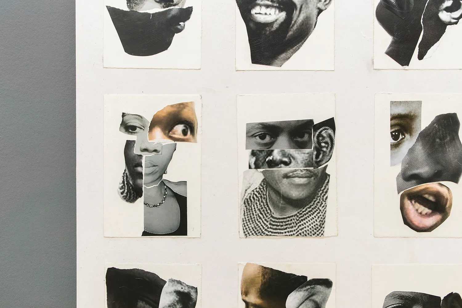 Close up of the collages of faces with different parts (eyes, ears, mouth etc)